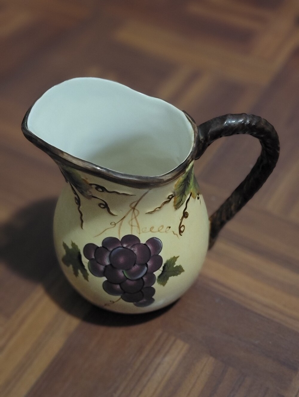 Hand-Painted Cream and Purple Ceramic Pitcher - Home Art